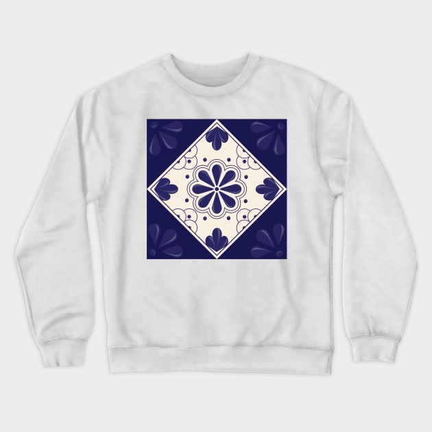 Blue Floral Talavera Tile by Akbaly Crewneck Sweatshirt by Akbaly